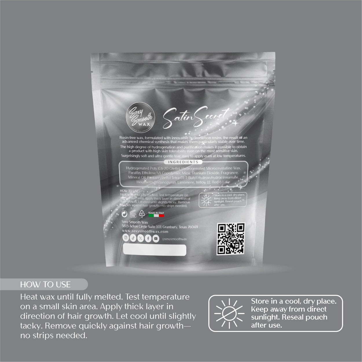 Sexy Smooth Wax Satin Secret synthetic hard wax bag with instructions for heating, applying, removing, and storing hard wax.