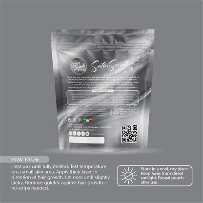 Sexy Smooth Wax Satin Secret synthetic hard wax bag with instructions for heating, applying, removing, and storing hard wax.