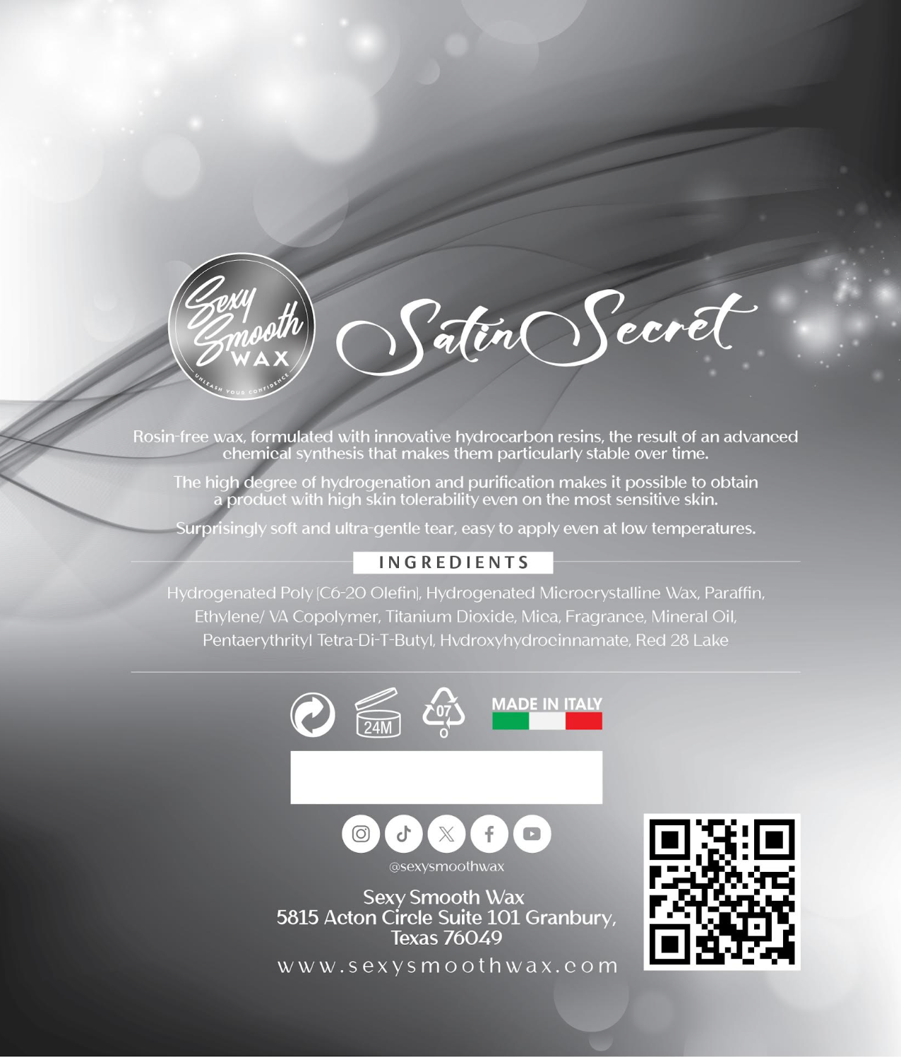 Satin Secret synthetic hard wax ingredients and product information from Sexy Smooth Wax with rosin-free formula and low-temperature application details.