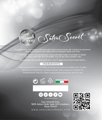Satin Secret synthetic hard wax ingredients and product information from Sexy Smooth Wax with rosin-free formula and low-temperature application details.