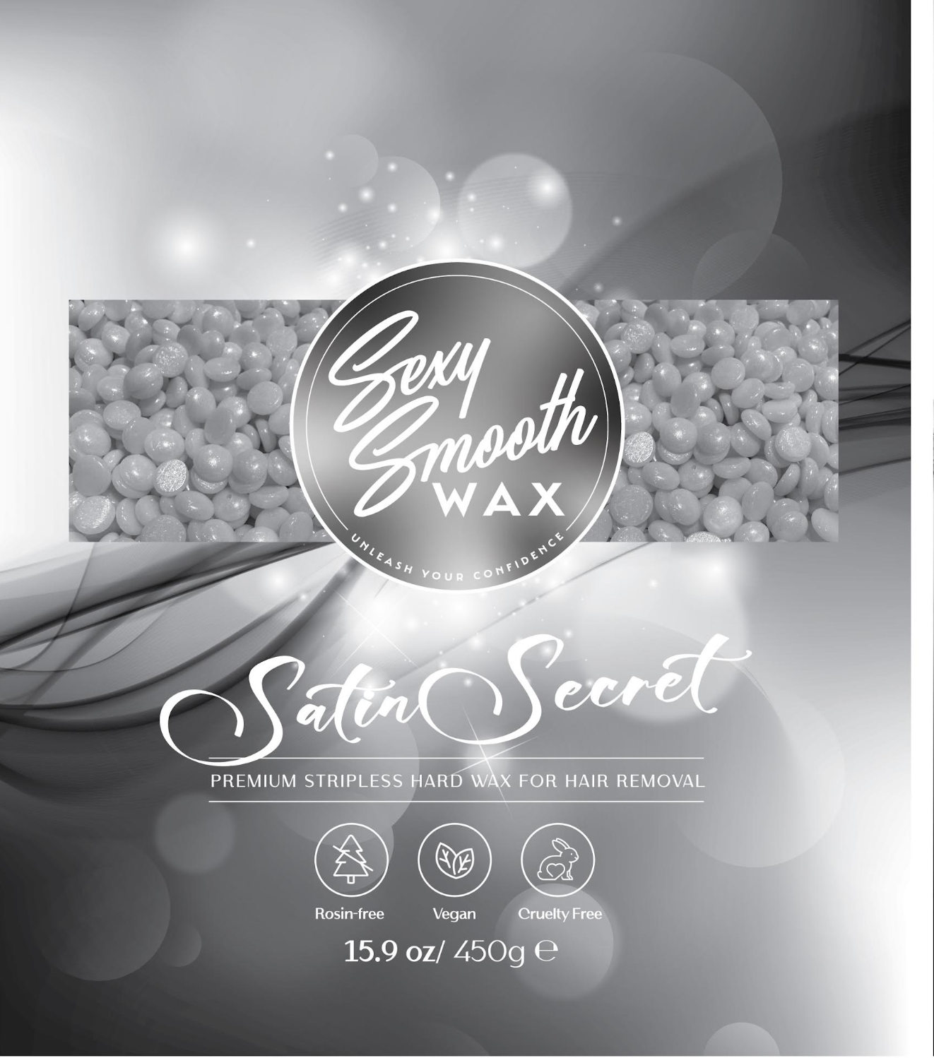 Sexy Smooth Wax Satin Secret premium stripless hard wax in a 15.9 oz 450 g size, featuring a rosin-free, vegan-friendly, and cruelty-free formula.
