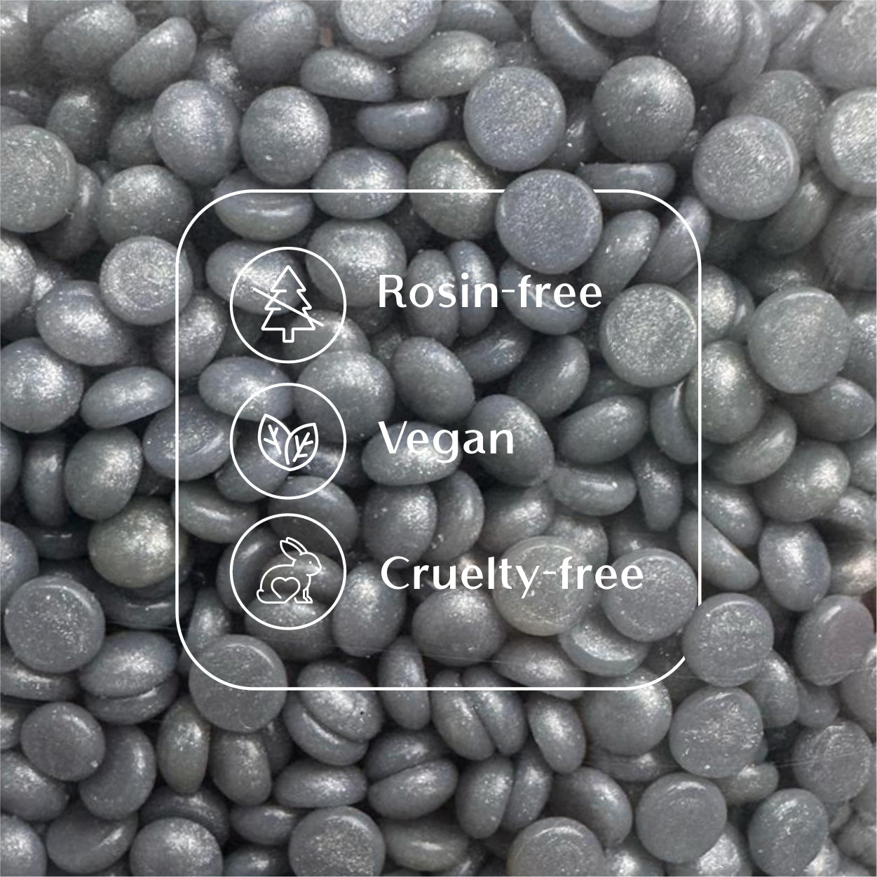 Satin Secret silver hard wax beads from Sexy Smooth Wax highlighting the rosin-free, vegan-friendly, and cruelty-free formula.