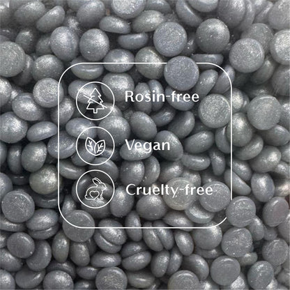 Satin Secret silver hard wax beads from Sexy Smooth Wax highlighting the rosin-free, vegan-friendly, and cruelty-free formula.