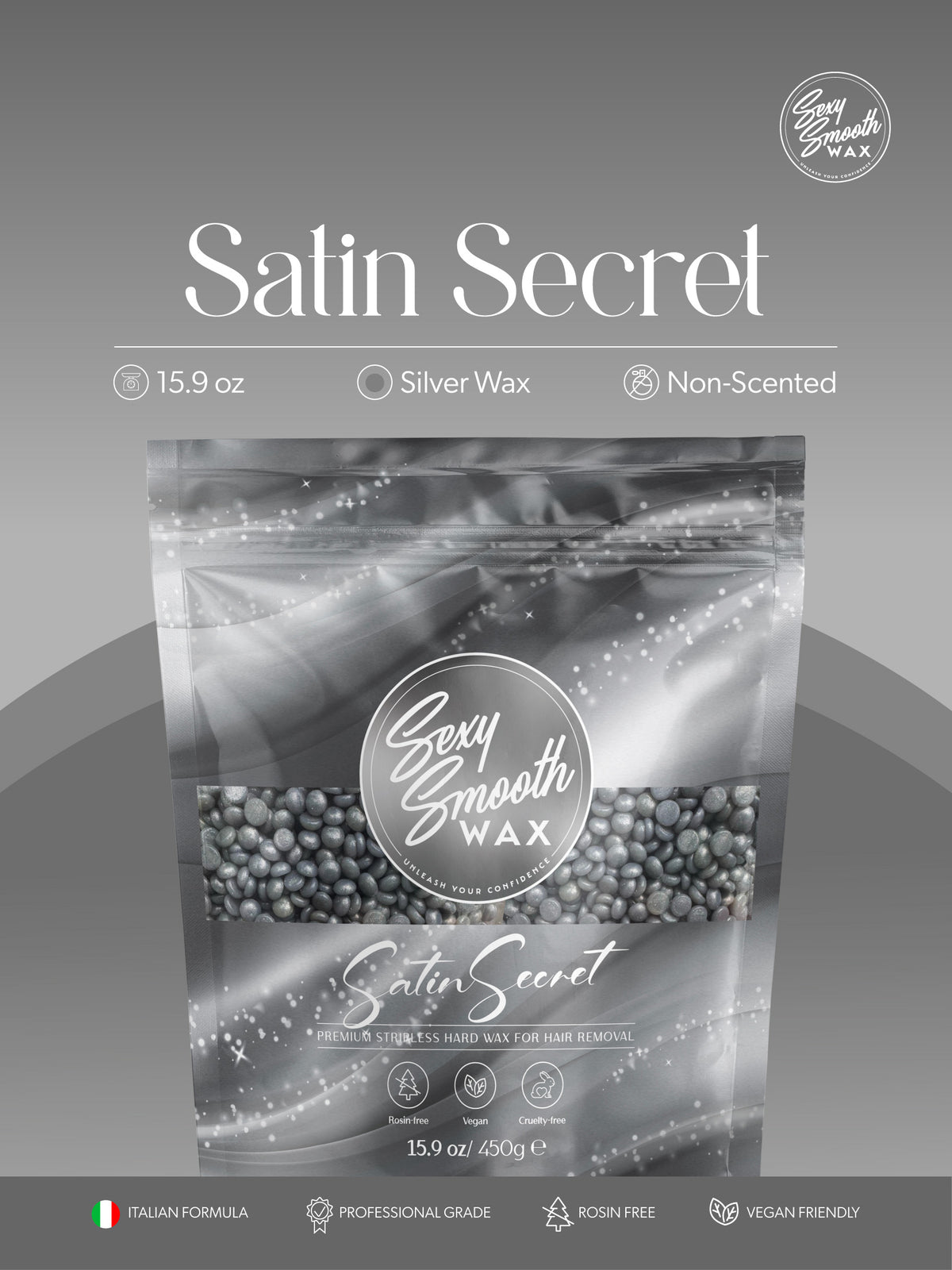 Sexy Smooth Wax Satin Secret 15.9 oz non-scented silver synthetic hard wax for professional hair removal