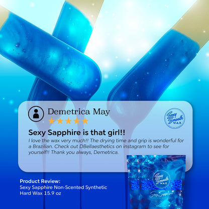 Five-star esthetician review of Sexy Smooth Wax Sexy Sapphire non-scented synthetic hard wax for Brazilian waxing.