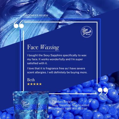 Customer review infographic for Sexy Smooth Wax Sexy Sapphire non-scented synthetic hard wax featuring a five-star testimonial about face waxing, fragrance-free formula for sensitive skin, smooth application, and professional hair removal results.