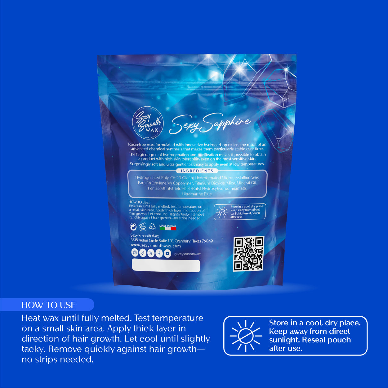 Sexy Smooth Wax Sexy Sapphire synthetic hard wax bag with instructions for heating, applying, removing, and storing hard wax.