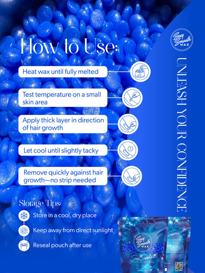 How to use Sexy Smooth Wax Sexy Sapphire synthetic hard wax with application, removal, and storage instructions