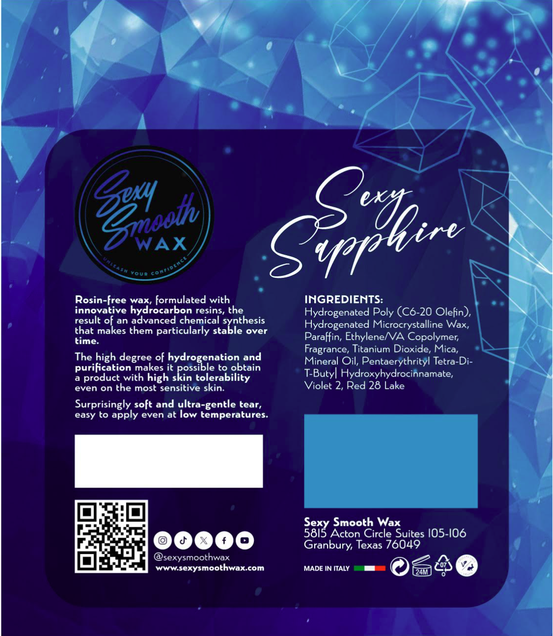 Sexy Sapphire synthetic hard wax ingredients and product information from Sexy Smooth Wax with rosin-free formula and low-temperature application details.