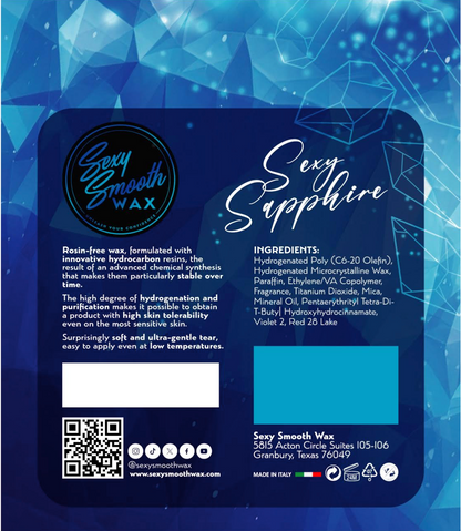 Sexy Sapphire synthetic hard wax ingredients and product information from Sexy Smooth Wax with rosin-free formula and low-temperature application details.