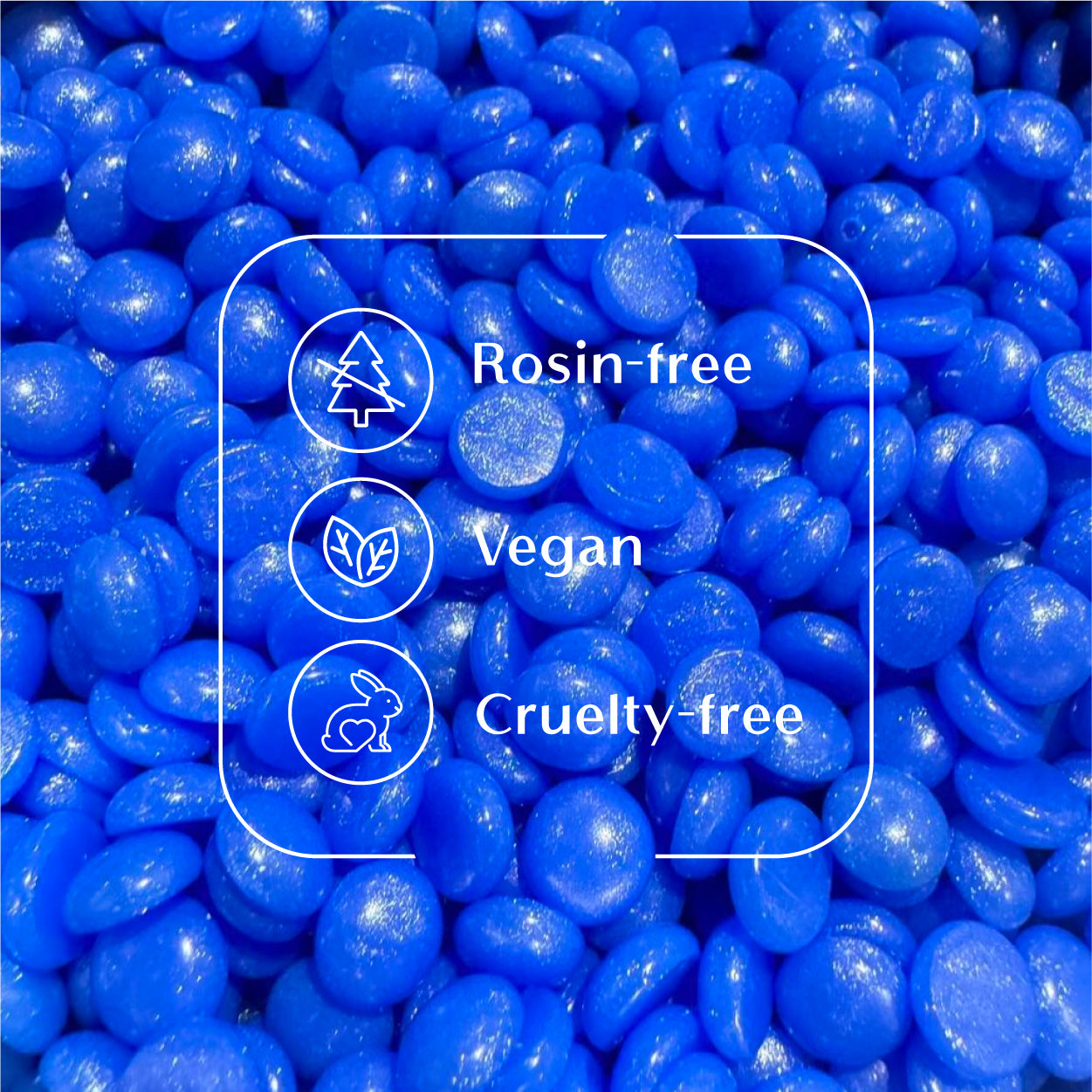 Sexy Sapphire blue hard wax beads from Sexy Smooth Wax highlighting the rosin-free, vegan-friendly, and cruelty-free formula.