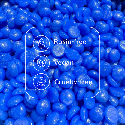 Sexy Sapphire blue hard wax beads from Sexy Smooth Wax highlighting the rosin-free, vegan-friendly, and cruelty-free formula.