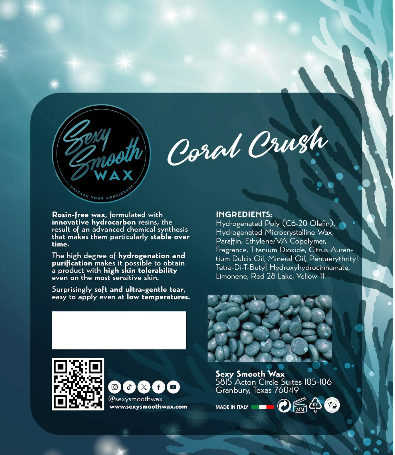Product label and ingredients list for Sexy Smooth Wax Coral Crush rosin-free synthetic hard wax.