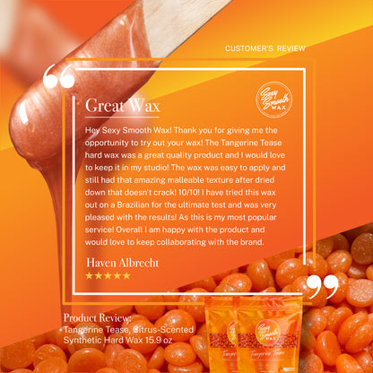 Customer review of Sexy Smooth Tangerine Tease synthetic hard wax 15.9 oz highlighting easy application, flexible texture, and excellent Brazilian waxing results