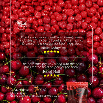 Red cherry wax beads and fresh red cherries background featuring product reviews for Sexy Smooth Wax Cherry Desire synthetic hard wax, with a 5-star review from Junelle Lafayette and a 5-star review from Kristi Hall, along with an image of the 15.9 oz wax bag in the bottom right corner.