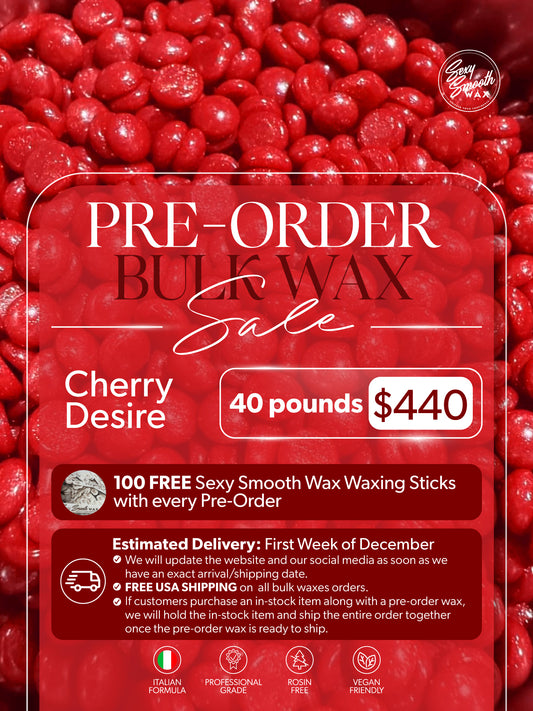 Sexy Smooth Wax Cherry Desire 40-pound bulk hard wax pre-order for $440 with 100 free waxing sticks and free USA shipping.