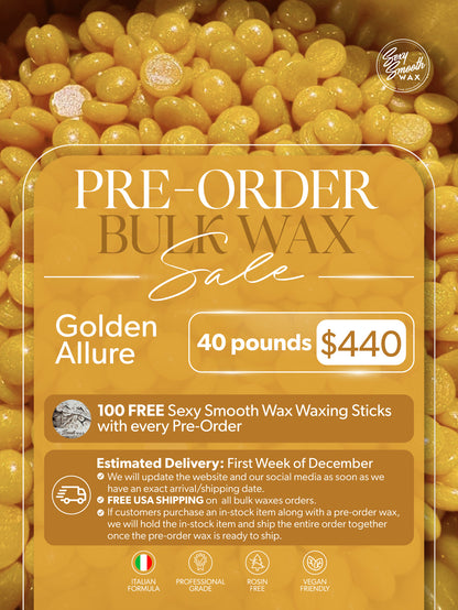 Sexy Smooth Wax Golden Allure 40-pound bulk hard wax pre-order for $440 with 100 free waxing sticks and free USA shipping.