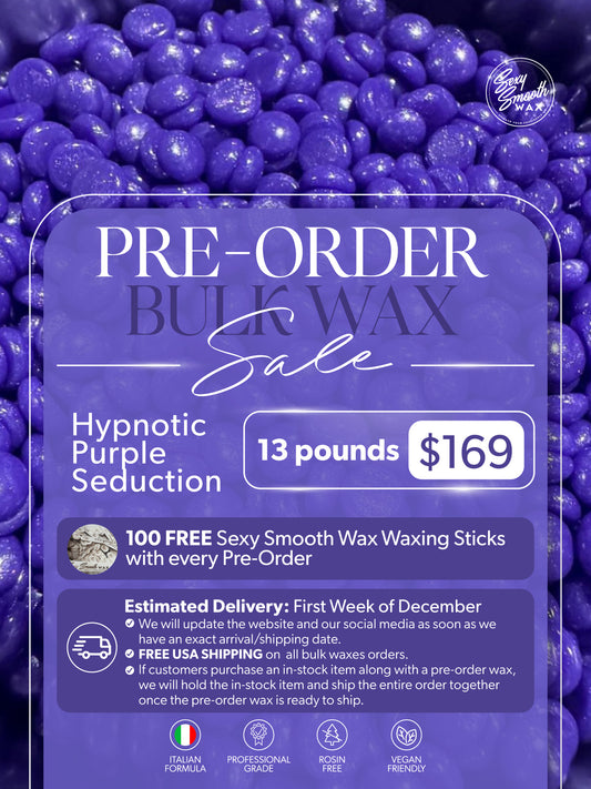 Sexy Smooth Wax Hypnotic Purple Seduction 13-pound bulk hard wax pre-order for $169 with 100 free waxing sticks and free USA shipping.