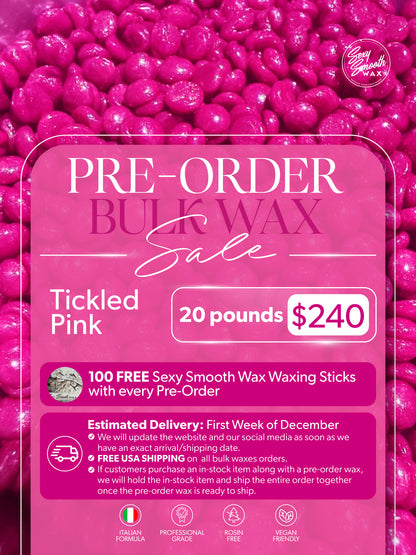 Sexy Smooth Wax Tickled Pink bulk hard wax pre-order, 20 pounds for $240 with 100 free waxing sticks.