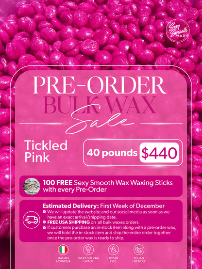 Sexy Smooth Wax Tickled Pink bulk hard wax pre-order, 40 pounds for $440 with 100 free waxing sticks.