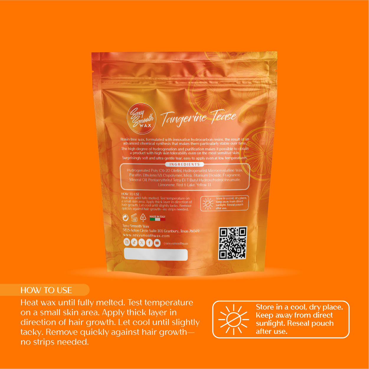 Sexy Smooth Wax Tangerine Tease synthetic hard wax bag with instructions for heating, applying, removing, and storing hard wax.