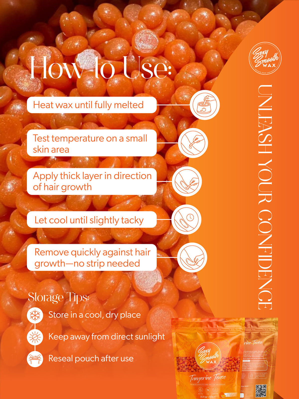 How to use Sexy Smooth Wax Tangerine Tease synthetic hard wax with application, removal, and storage instructions