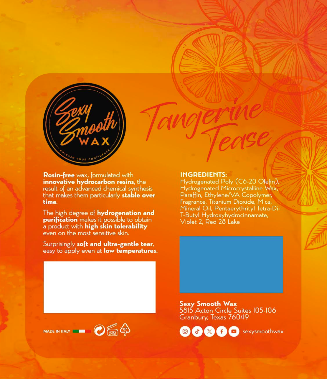 Tangerine Tease synthetic hard wax ingredients and product information from Sexy Smooth Wax with rosin-free formula and low-temperature application details.