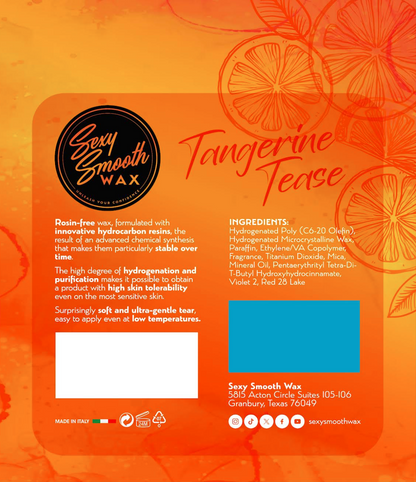 Tangerine Tease synthetic hard wax ingredients and product information from Sexy Smooth Wax with rosin-free formula and low-temperature application details.