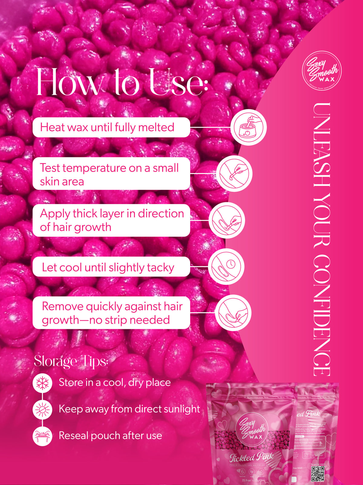 How to use Sexy Smooth Wax Tickled Pink synthetic hard wax with application, removal, and storage instructions