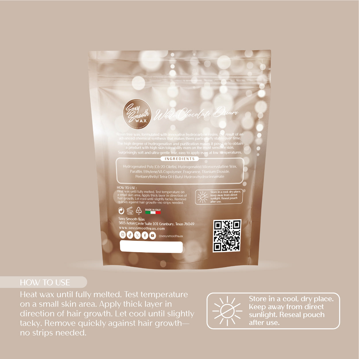 Sexy Smooth Wax White Chocolate Dream synthetic hard wax bag with instructions for heating, applying, removing, and storing hard wax.
