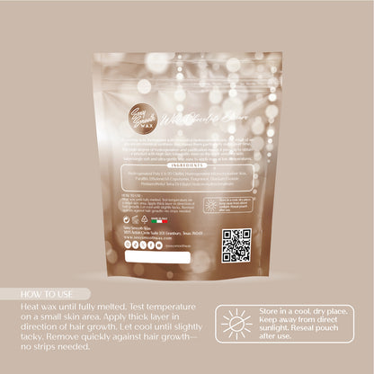 Sexy Smooth Wax White Chocolate Dream synthetic hard wax bag with instructions for heating, applying, removing, and storing hard wax.