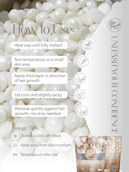 How to use Sexy Smooth Wax White Chocolate Dream synthetic hard wax with application, removal, and storage instructions