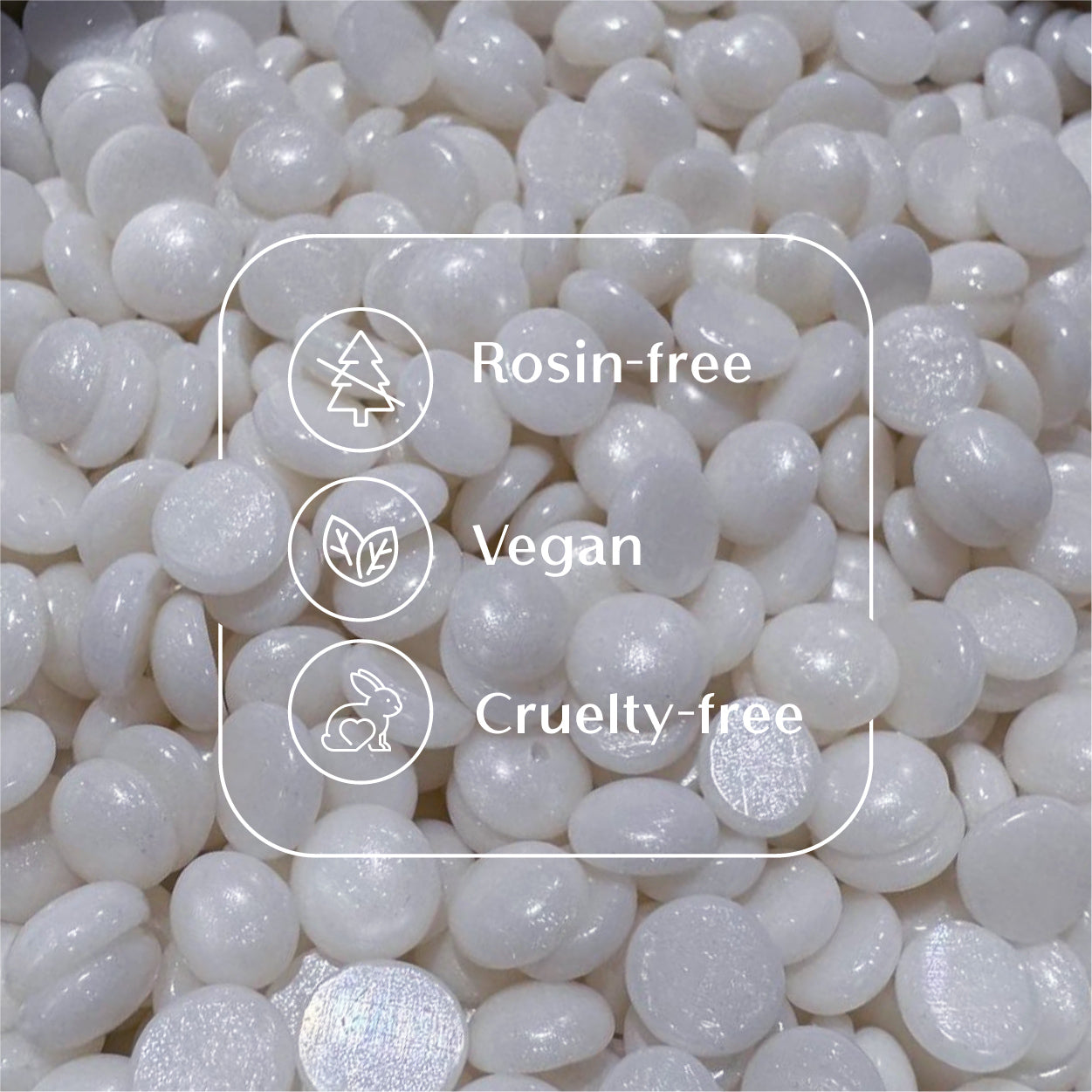 White Chocolate Dream white hard wax beads from Sexy Smooth Wax highlighting the rosin-free, vegan-friendly, and cruelty-free formula.