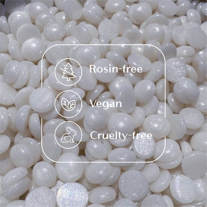 White Chocolate Dream white hard wax beads from Sexy Smooth Wax highlighting the rosin-free, vegan-friendly, and cruelty-free formula.